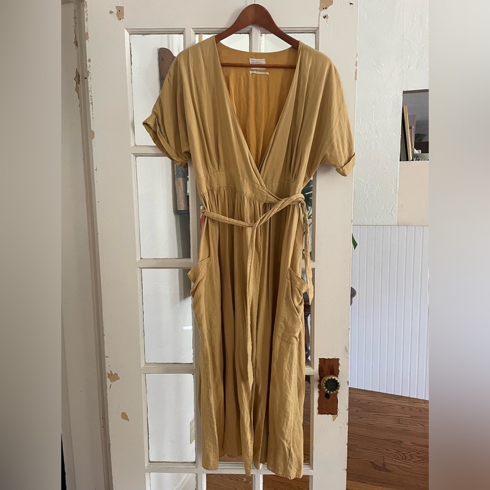 UO mustard linen wrap dress